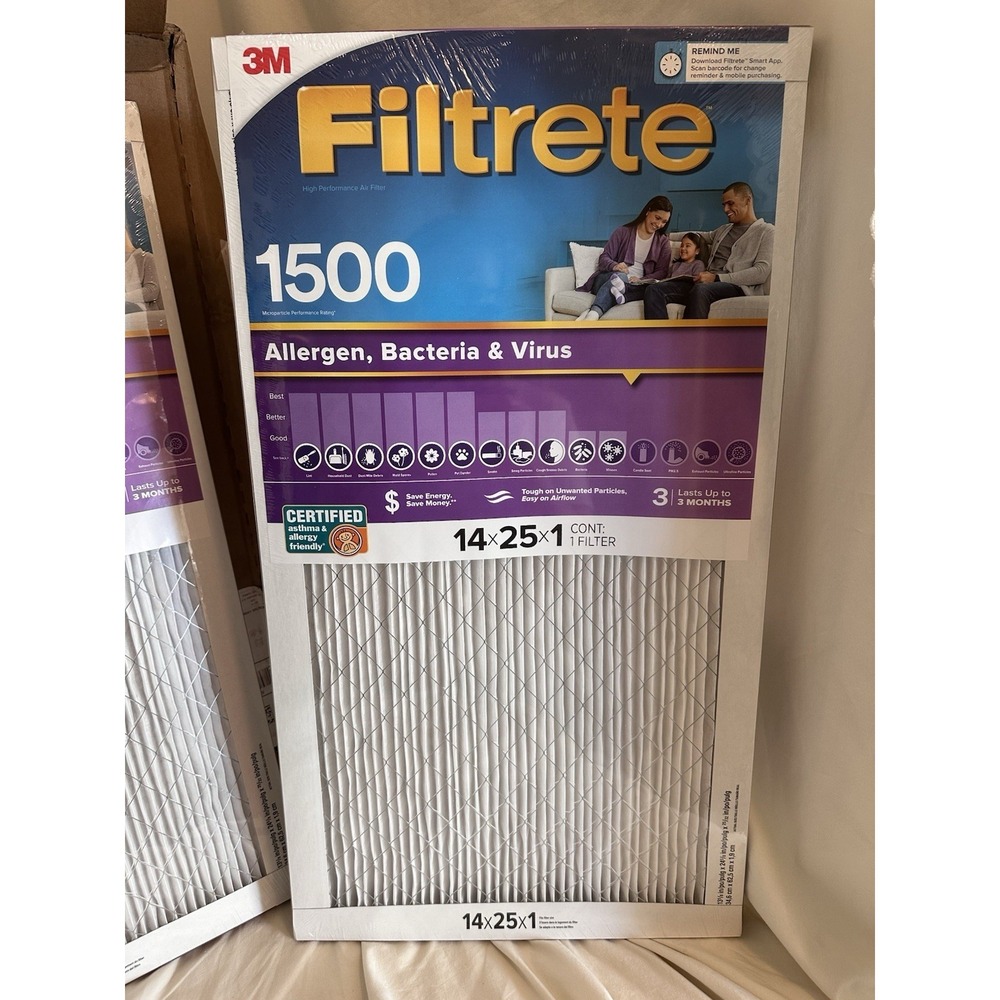 2-Pack 3M Filtrete 1500 Air Filters‎ 14x25x1 Allergen Bacteria Virus Sealed NEW